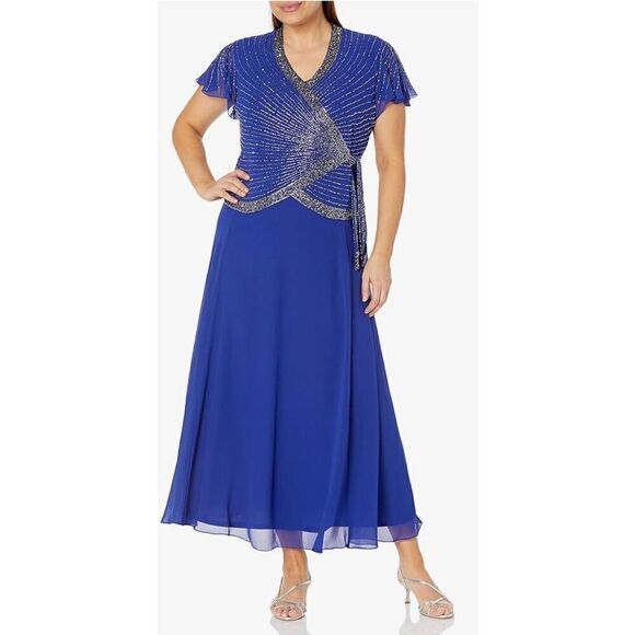 J Kara Women's Plus Size Faux Wrap Long Dress W/Flutter Sleeve - Picture 1 of 7